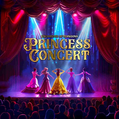 Digital artwork of different Princesses on stage in front of a full crown. The show title is in gold, bold lettering in the centre of the image. 