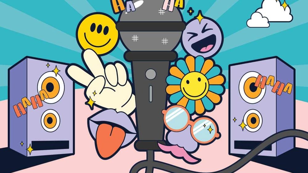 A bright, playful cartoon design featuring a microphone surrounded by smiling emojis, flowers, sunglasses, and speakers, with colourful “haha” text and cheerful expressions.