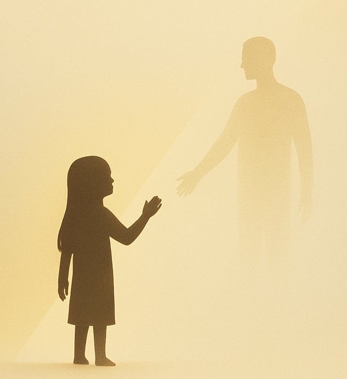 A young girl’s silhouette reaches out toward the faint, ghostly silhouette of an adult figure extending a hand back through a warm, hazy light.