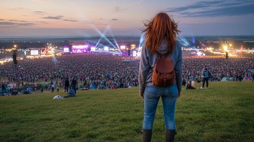 A person with a backpack stands on a grassy hill overlooking a huge outdoor music festival crowd at sunset, with bright stage lights and beams illuminating the main stage in the distance.