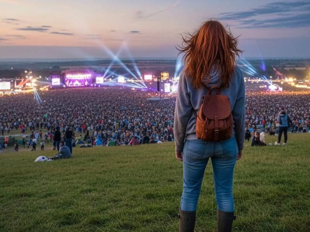 A person with a backpack stands on a grassy hill overlooking a huge outdoor music festival crowd at sunset, with bright stage lights and beams illuminating the main stage in the distance.