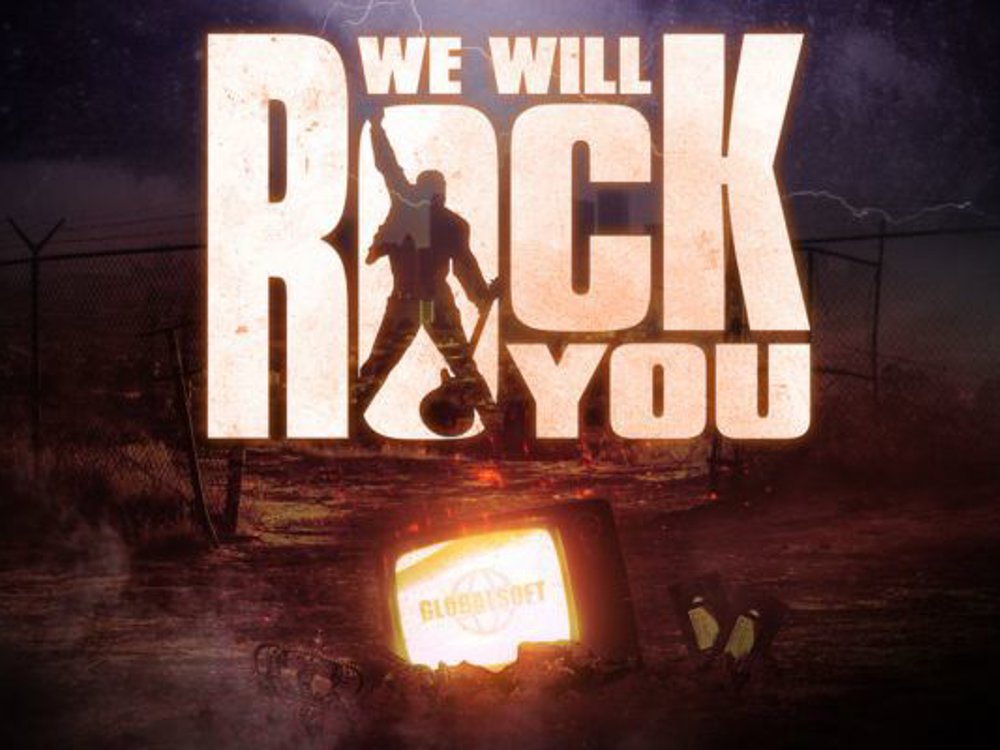 Promotional artwork for We Will Rock You. The title appears in bold, distressed block letters, with the silhouette of a performer holding a guitar raised high in the centre of the word ‘Rock’. Behind is a stormy sky and barbed-wire fence. At the bottom, a glowing television screen displays the word ‘Globalsoft’ alongside scattered objects including a broken crown and cassette tapes.