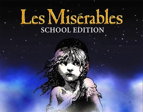 The title 'Les Misérables' is in gold, bold on a night sky background. An illustration of a young person is in the centre of the image. 