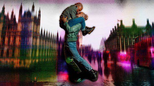 Promotional artwork for 'Detention' by Gary Clarke Company. The image features two bald male performers in an intense, physical embrace—one lifting the other in the air while they press their faces together. The background is a distorted, glitch-like depiction of London, with a blurred image of the Houses of Parliament, Big Ben, and a red double-decker bus.