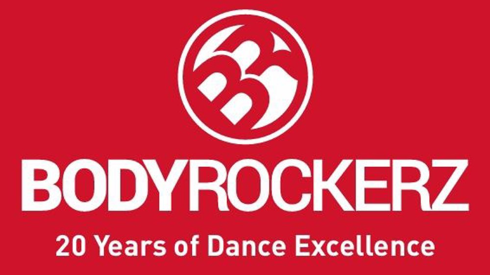 Bodyrockerz logo on a red background with a white circular emblem above the text "BODYROCKERZ" and the tagline "20 Years of Dance Excellence".