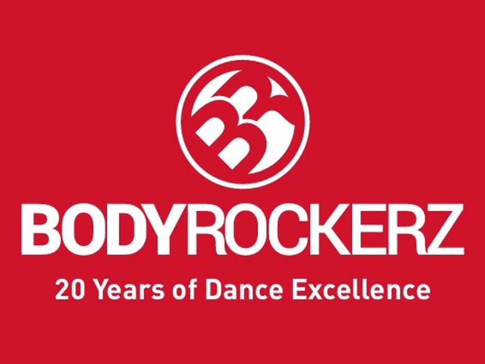 Bodyrockerz logo on a red background with a white circular emblem above the text "BODYROCKERZ" and the tagline "20 Years of Dance Excellence".