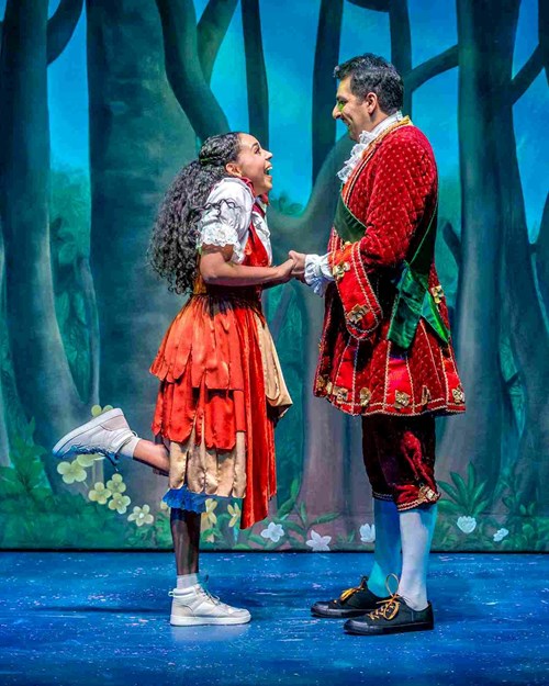 Cinderella wears a brown and beige dress that looks like rags. One foot is kicked behind her as she holds hands with the Prince and smiles, happily up at him. Prince Charming wears a red, royal-looking outfit with a green sash. 
