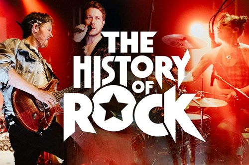 A guitarist, vocalist and drummer are captured mid-performance with The History of Rock in bold, white lettering in the centre of the image. 