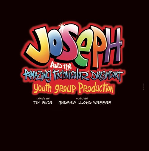 Logo for ‘Joseph and the Amazing Technicolor Dreamcoat – Youth Group Production’ with bold, colourful, cartoon-style lettering on a black background, featuring the names Tim Rice and Andrew Lloyd Webber.
