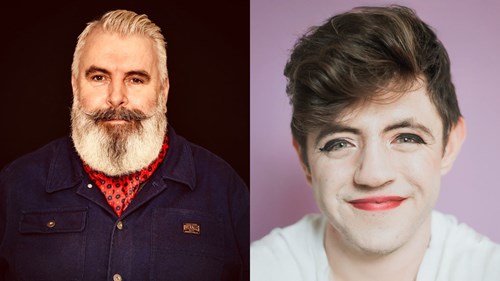 Side-by-side portraits of two people. On the left, a man with a white beard and styled moustache, wearing a dark blue jacket and a red patterned neckerchief, poses against a black background. On the right, a person with short brown hair, wearing eyeliner and red lipstick, smiles warmly in front of a soft pink background