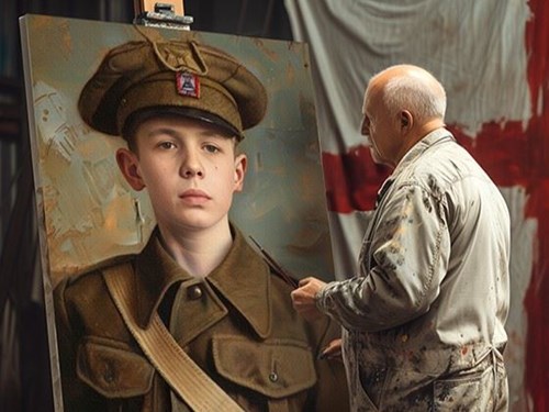 A mature artist, wearing a paint-stained apron, is seen painting a large portrait of a young boy dressed in a World War I soldier's uniform. The boy’s expression is serious, and he wears a traditional military cap. The background features a draped flag, hinting at a wartime setting, with the artist working meticulously on the canvas, capturing the boy’s likeness. The scene evokes a deep sense of history, reflection, and tribute to those involved in the war.