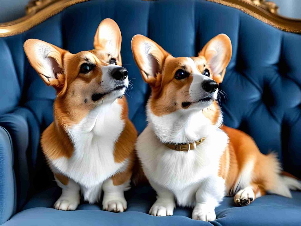 Two Pembroke Welsh Corgis with tan and white fur sitting side by side on an elegant, deep blue tufted velvet sofa with ornate gold trim, both looking attentively to the right