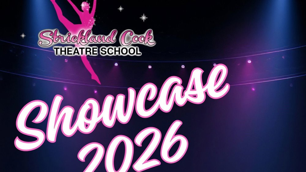Promotional graphic for Strickland Cook Theatre School Showcase 2026. The design features the theatre school's logo with a pink silhouette of a dancer above large pink and white text reading "Showcase 2026". The background depicts a stage with purple spotlights and a dark auditorium, creating a theatrical atmosphere.