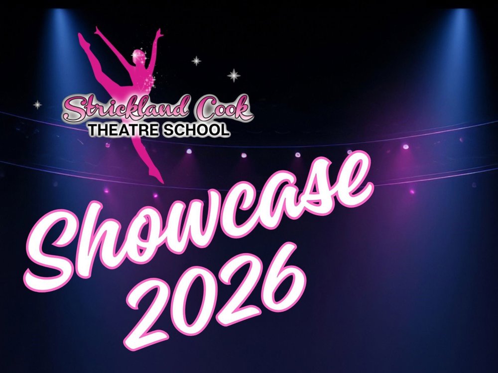 Promotional graphic for Strickland Cook Theatre School Showcase 2026. The design features the theatre school's logo with a pink silhouette of a dancer above large pink and white text reading "Showcase 2026". The background depicts a stage with purple spotlights and a dark auditorium, creating a theatrical atmosphere.