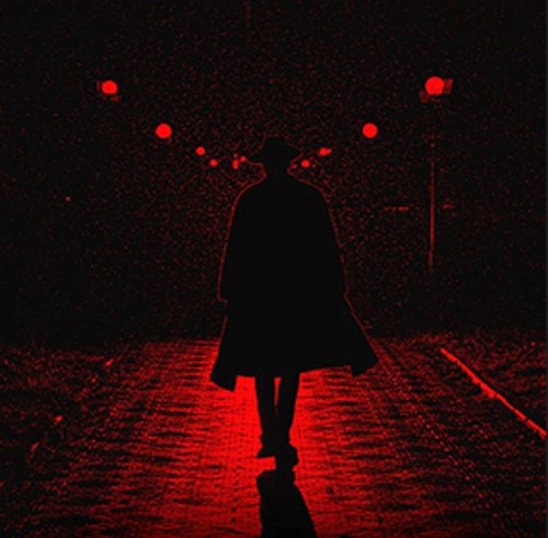 A silhouette of a detective walks down a dark street that's lightened by red lights. 