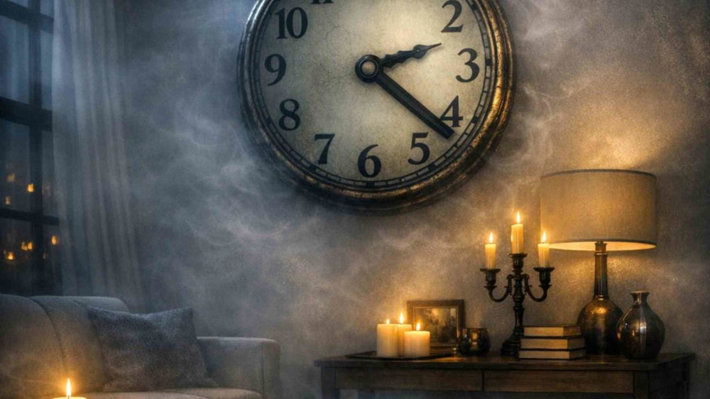 A moody living room scene with a large wall clock, softly glowing candles and a table lamp, surrounded by misty light for an atmospheric, slightly eerie feel.