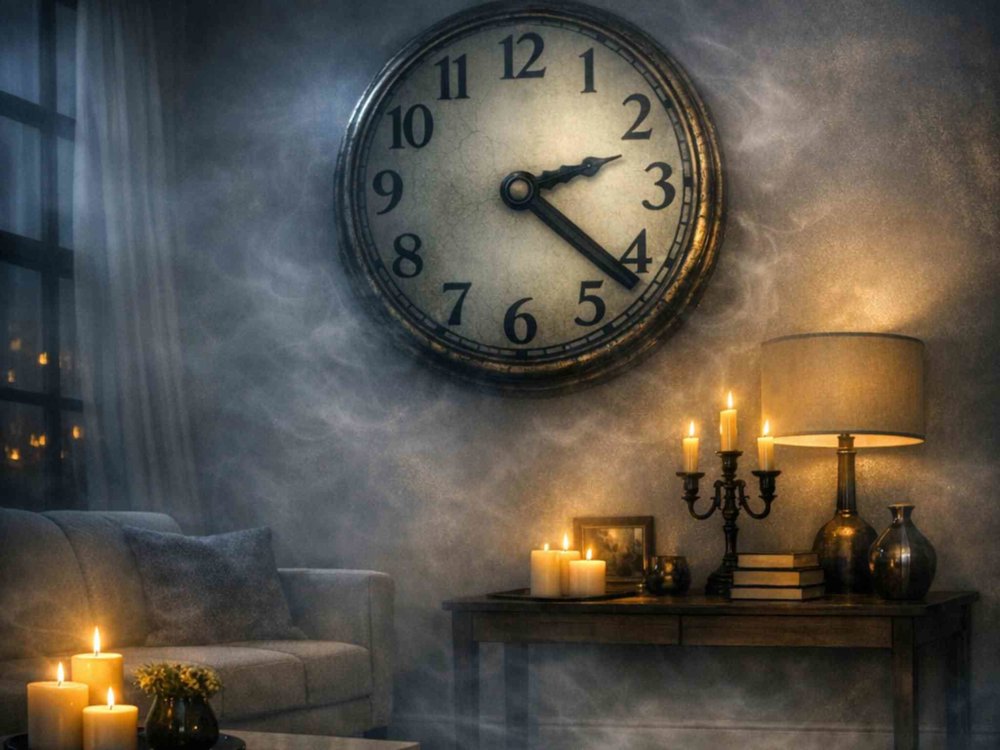 A moody living room scene with a large wall clock, softly glowing candles and a table lamp, surrounded by misty light for an atmospheric, slightly eerie feel.