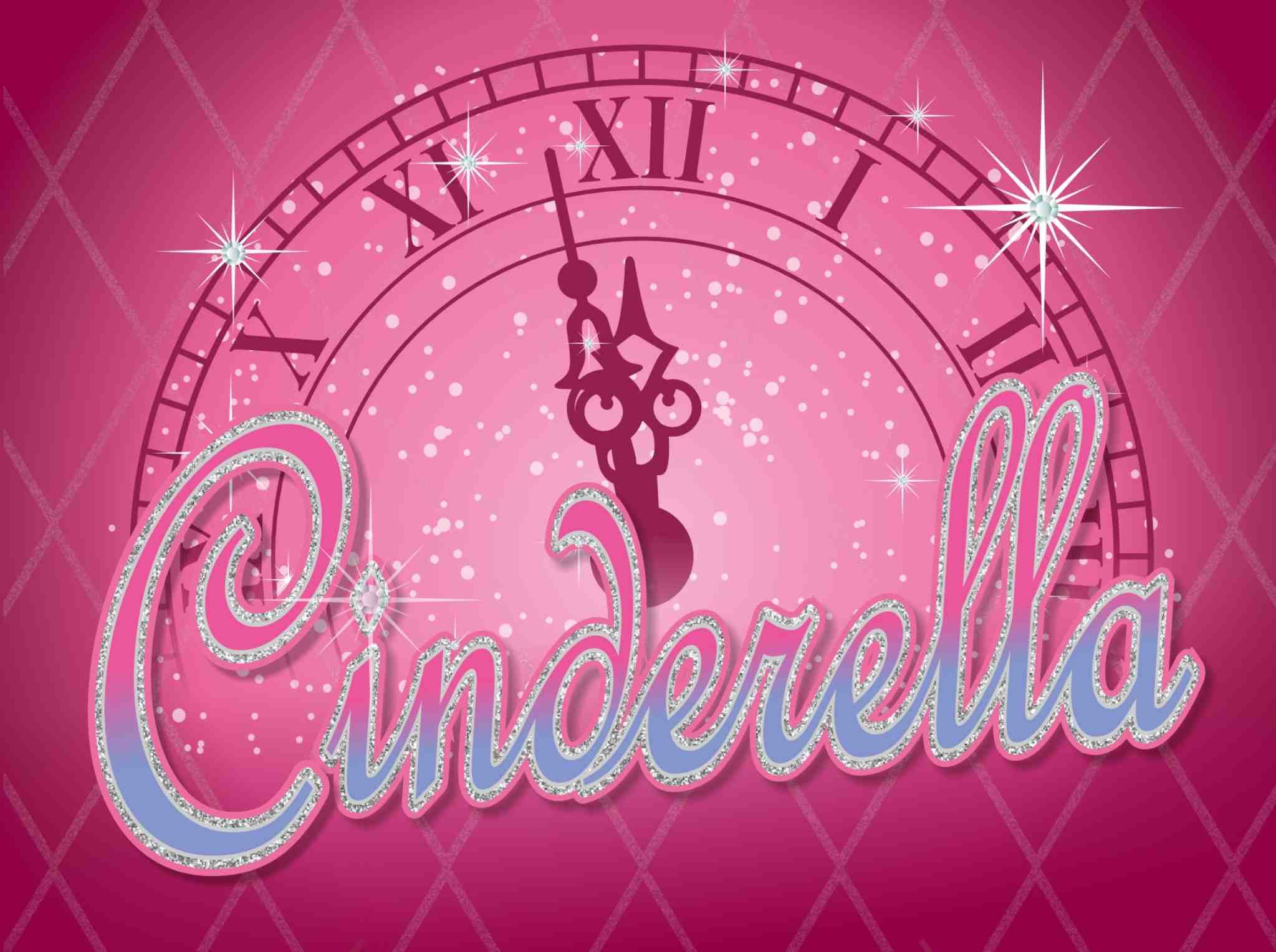 A pink, sparkly graphic featuring a large clock striking midnight with the word “Cinderella” in glittering script across the centre.