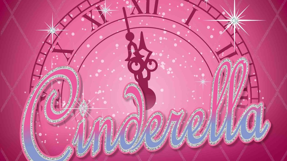 A pink, sparkly graphic featuring a large clock striking midnight with the word “Cinderella” in glittering script across the centre.