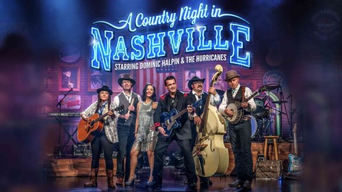 A Country Night in Nashville" featuring Dominic Halpin & The Hurricanes. The band members are dressed in classic country attire, holding various instruments including guitars, a banjo, and a double bass, with a neon-style "Nashville" sign glowing behind them on stage.