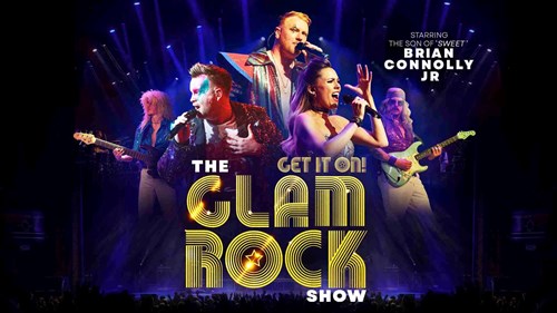 A stage in front of a big crowd is the background of the image with several performers in the centre along with the show title ' The Glam Rock Show' in gold lettering. 