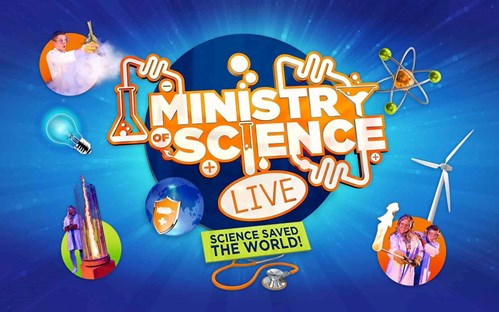 Ministry of Science Live title in the middle in orange and white with funnel, beaker and bubbles around on a blue background. 