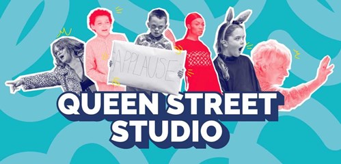 On a bright blue background, several images of people in different poses are cut out and edited together. around 'Queen Street Studio'.