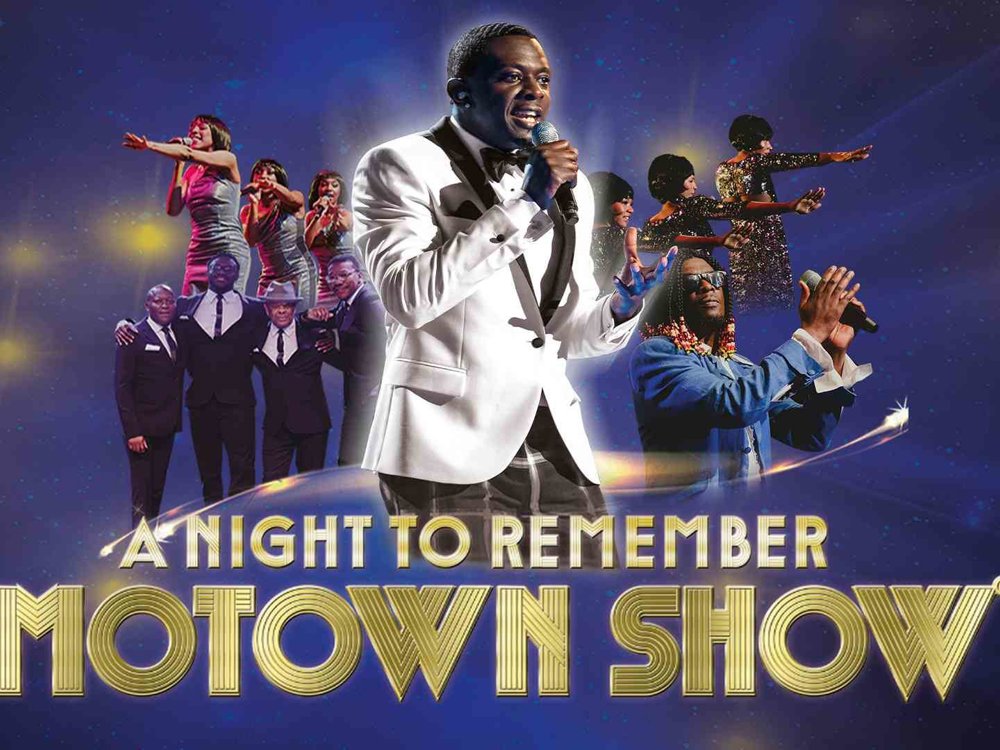 Promotional image for A Night to Remember: Motown Show featuring singers and musicians performing in glamorous outfits against a starry blue background.