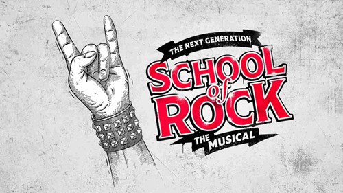 Illustrated black and white drawing of a hand making the 'rock on' gesture, with the index and pinky fingers extended, while the middle and ring fingers are folded under the thumb. The wrist is adorned with a spiked leather bracelet. To the right, bold red and black text reads 'The Next Generation School of Rock The Musical' in a grungy font, set against a textured grey background