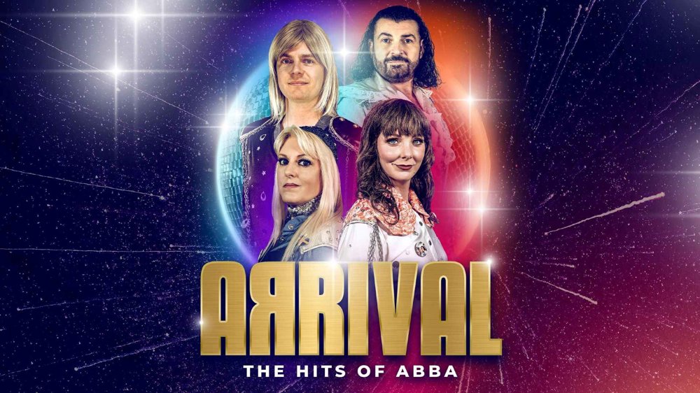 Promotional artwork for Arrival: The Hits of ABBA featuring four performers in ABBA-inspired costumes posed in front of a glowing disco ball against a sparkling galaxy backdrop. The show title appears in large gold lettering at the bottom.