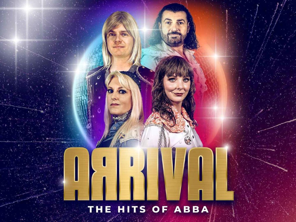 Promotional artwork for Arrival: The Hits of ABBA featuring four performers in ABBA-inspired costumes posed in front of a glowing disco ball against a sparkling galaxy backdrop. The show title appears in large gold lettering at the bottom.