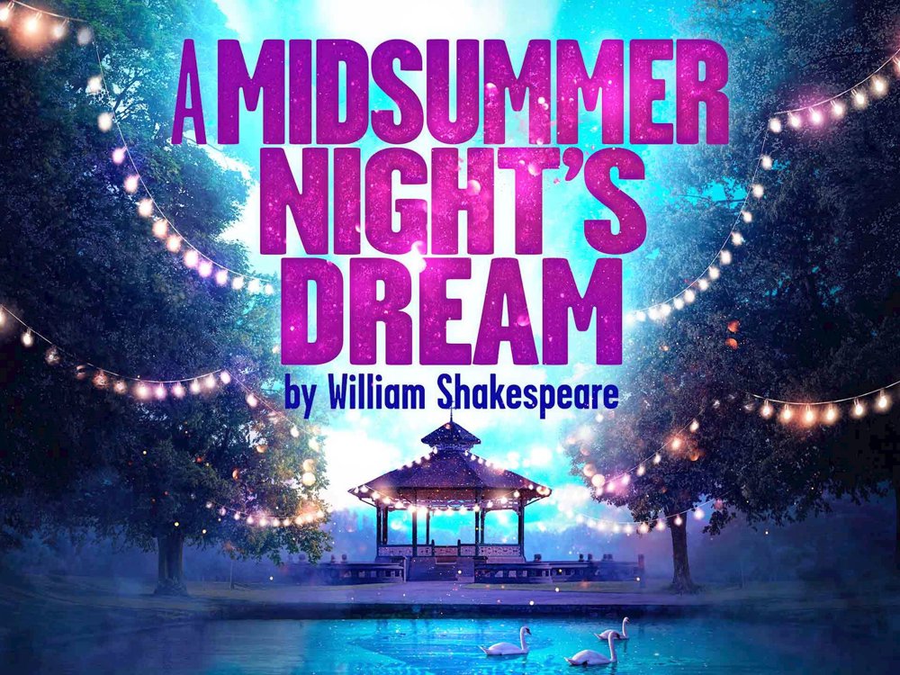 Artwork for A Midsummer Night’s Dream by William Shakespeare, featuring glowing fairy lights over a park bandstand and a pond with swans.