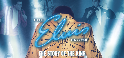 The Elvis Years: The Story of the King.” The image features a performer dressed in a bejewelled orange jumpsuit with his back to the viewer, representing Elvis Presley. Surrounding him are faded images of Elvis-style performers singing and playing instruments, with a blue-tinted spotlight effect in the background.