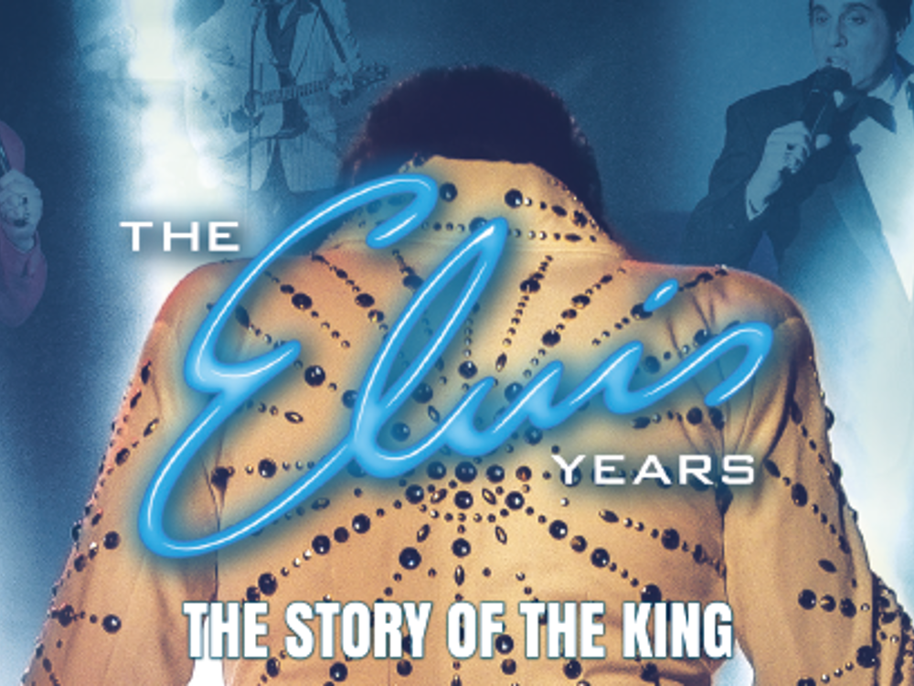 The Elvis Years: The Story of the King.” The image features a performer dressed in a bejewelled orange jumpsuit with his back to the viewer, representing Elvis Presley. Surrounding him are faded images of Elvis-style performers singing and playing instruments, with a blue-tinted spotlight effect in the background.
