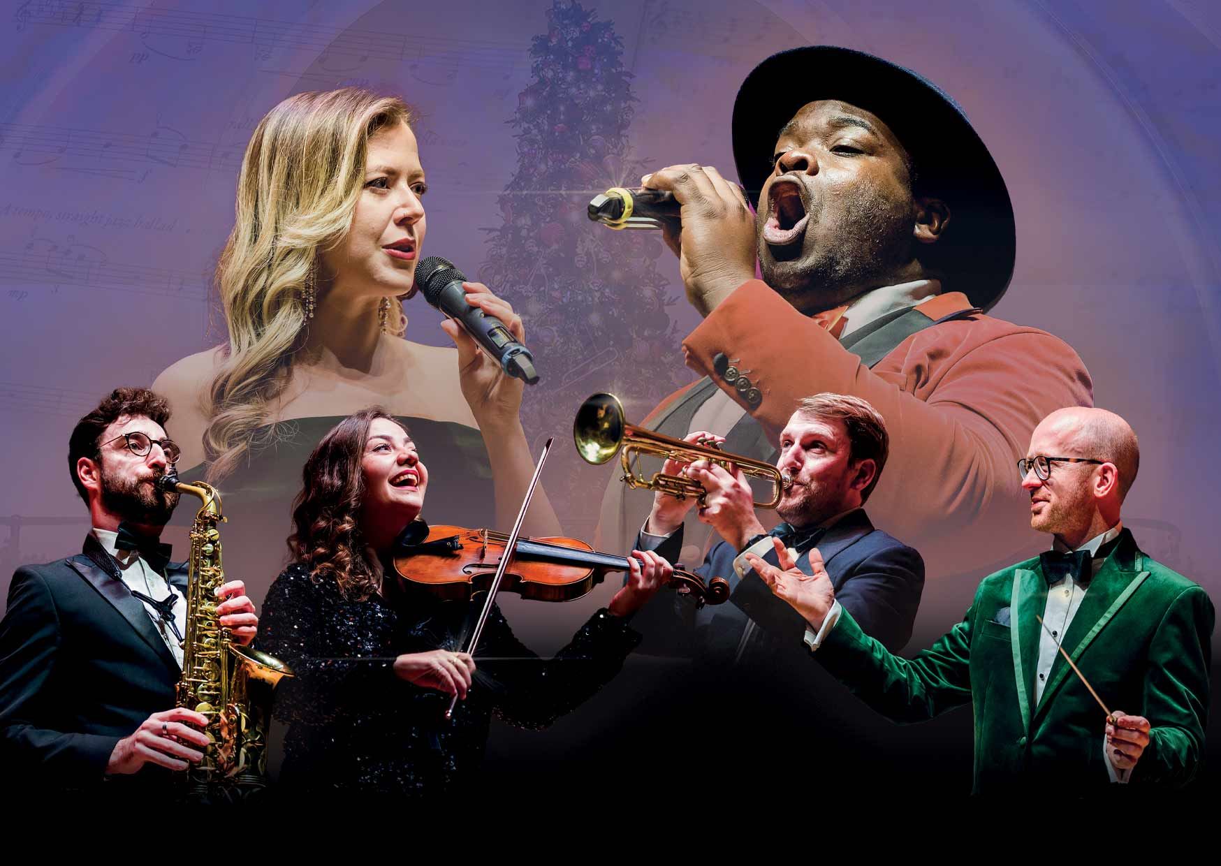 Promotional image of singers and musicians performing on stage, featuring vocalists, a violinist, a saxophonist, a trumpeter and a conductor.