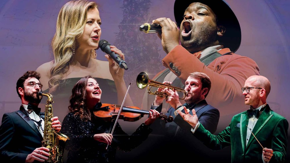 Promotional image of singers and musicians performing on stage, featuring vocalists, a violinist, a saxophonist, a trumpeter and a conductor.