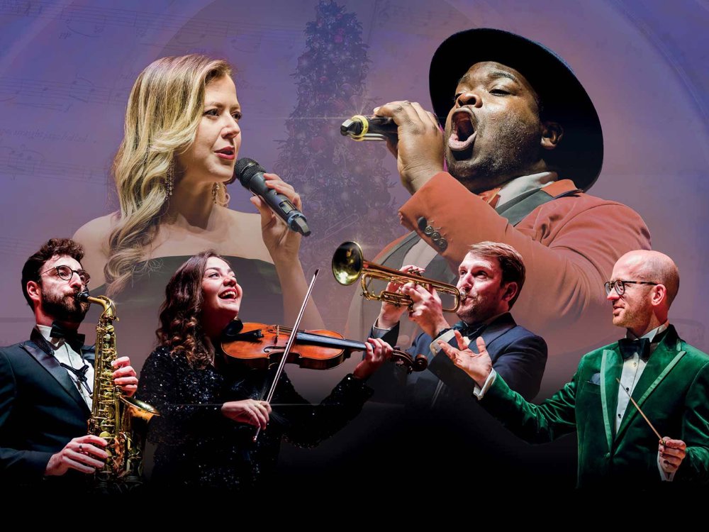 Promotional image of singers and musicians performing on stage, featuring vocalists, a violinist, a saxophonist, a trumpeter and a conductor.