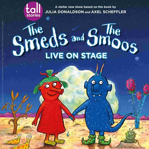 Illustration of two colourful alien creatures from The Smeds and The Smoos, a children’s book by Julia Donaldson and Axel Scheffler. One alien is red with green hair and a long nose (a Smed), and the other is blue with pointy ears and antennae (a Smoo). They are holding hands on an alien planet with a starry sky, strange plants, and a glowing moon-like backdrop.