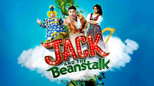 Three characters, Jack, Jill and The Dame, are in the clouds in front of the beanstalk. 