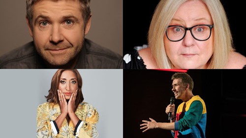 A collage of four comedians. Top left: A man with short hair and a slight smile, wearing a dark shirt. Top right: A woman with blonde hair, black-framed glasses, and a surprised expression. Bottom left: A woman with shoulder-length brown hair wearing a patterned yellow jacket, resting her face in her hands. Bottom right: A man performing on stage with a microphone, wearing a colourful sweatshirt, smiling as he gestures with his hand.