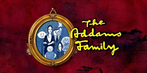Stylised illustration of the Addams Family characters inside an ornate golden frame against a dark red textured background. The characters are drawn in shades of blue and include Morticia, Gomez, Uncle Fester, Wednesday, Pugsley, Lurch, and Grandmama. The words 'The Addams Family' are written in yellow text next to the frame.