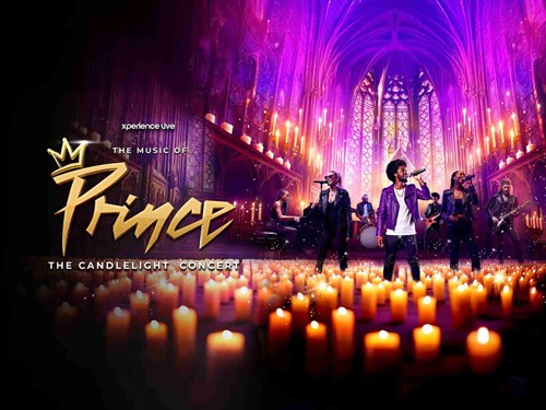 Promotional image for The Music of Prince: The Candlelight Concert, showing a live band performing in a grand candlelit hall with purple and gold lighting. Singers and musicians are dressed in stylish purple and black outfits, surrounded by glowing candles beneath towering stained-glass windows.