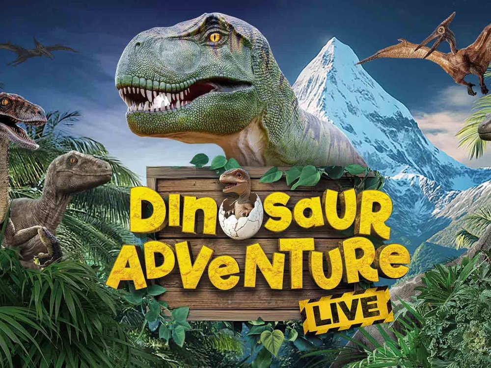 Artwork Dinosaur Adventure Live featuring animated dinosaurs including a T. rex, raptors, and a pterodactyl in a jungle with mountains