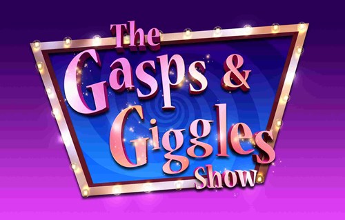 The Gasps & Giggles Show title is in bold lettering on a purple background.