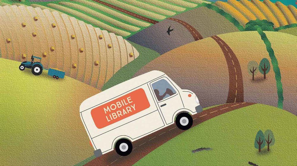 Illustration of a mobile library van driving through rolling farmland with fields and a distant tractor.
