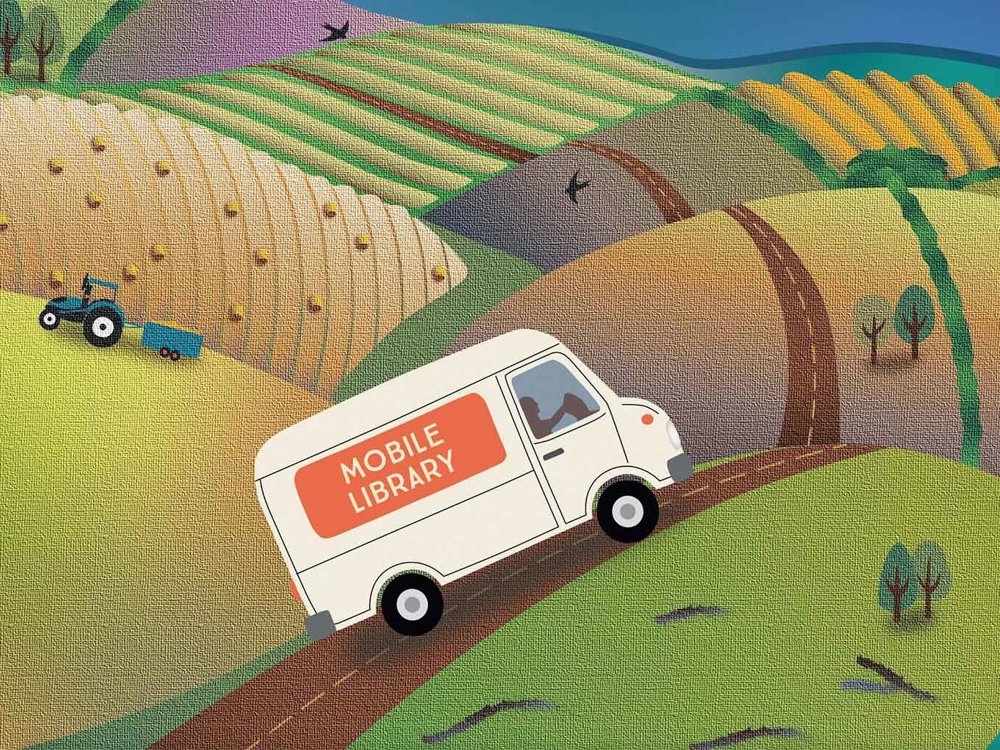 Illustration of a mobile library van driving through rolling farmland with fields and a distant tractor.