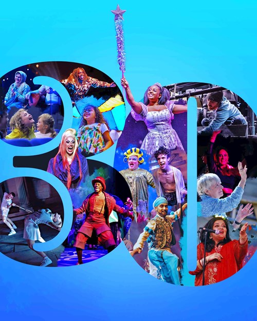 A colourful collage image celebrating 30 years of Lawrence Batley Theatre, featuring various actors and performers in costume from different shows. The number '30' is prominently displayed in the centre of the image with each digit filled with vibrant scenes: a fairy godmother waving a magic wand, a man in a red coat and hat, a character in a whimsical blue costume, a joyous crowd, and more. The background is a bright blue.