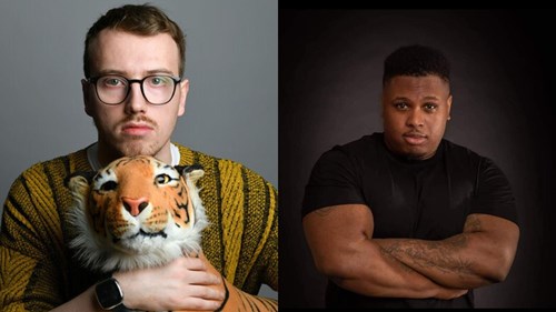 Side-by-side portraits of two comedians. On the left, a man with short hair, glasses, and a mustard-yellow striped jumper stares seriously while holding a plush tiger head. On the right, a man with a muscular build and short hair crosses his tattooed arms, wearing a fitted black t-shirt against a dark background.
