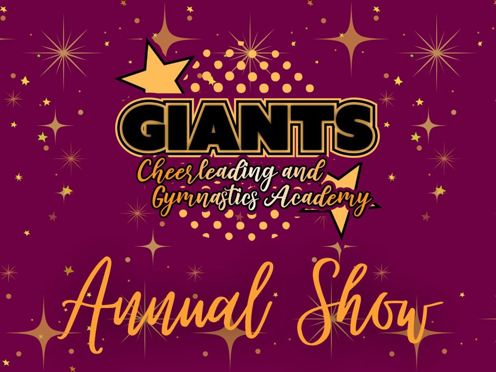 Graphic for the GIANTS Cheerleading and Gymnastics Academy Annual Show, featuring gold stars and sparkles on a deep burgundy background.