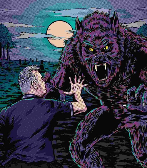 Illustrated scene of a man confronting a monstrous werewolf under a full moon in a graveyard. The werewolf has glowing yellow eyes, sharp fangs, and is lunging with claws extended. The man, seen from behind, raises his hands in fear or defense. The background features silhouetted gravestones and trees against a moody, twilight sky